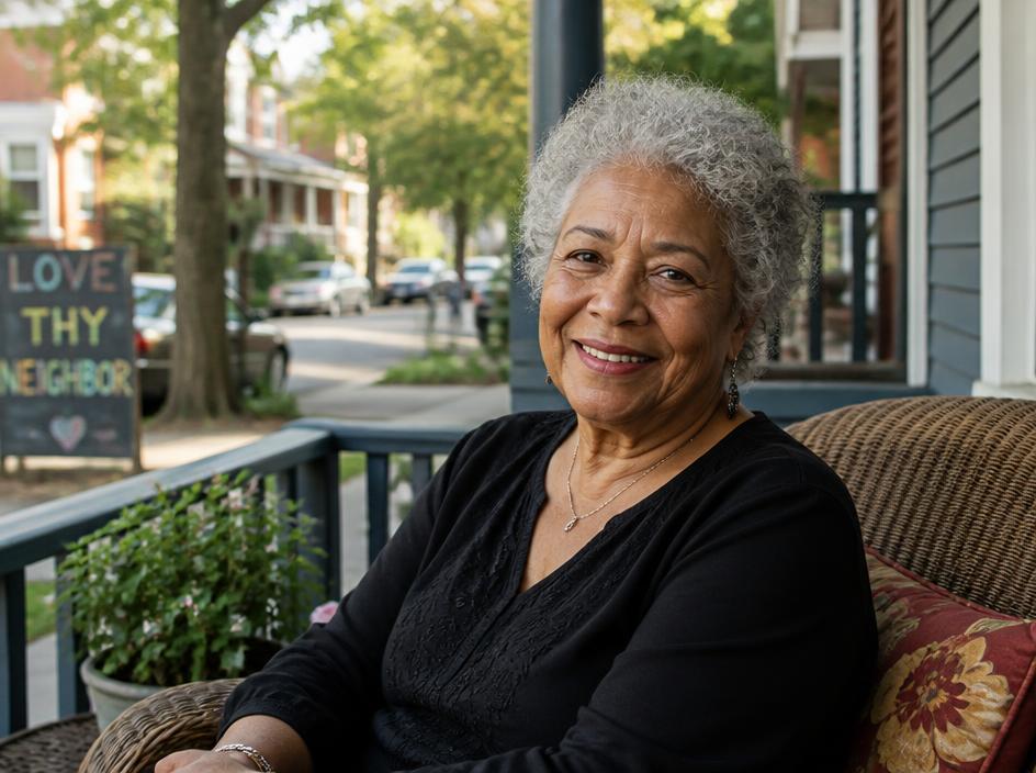 Elena Renner smiling on her porch in the Meadowbrook neighborhood